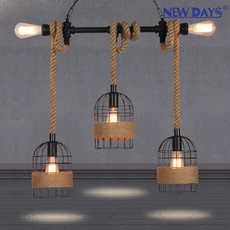 NEWDAYS brand cross-border new products: led retro rope pendant lamp, ironwork hood bar table lamp, 3-head water pipe birdcage decorative lighting, ambient lighting, small pendant lamp, lighting art lamp, Nordic style details Picture