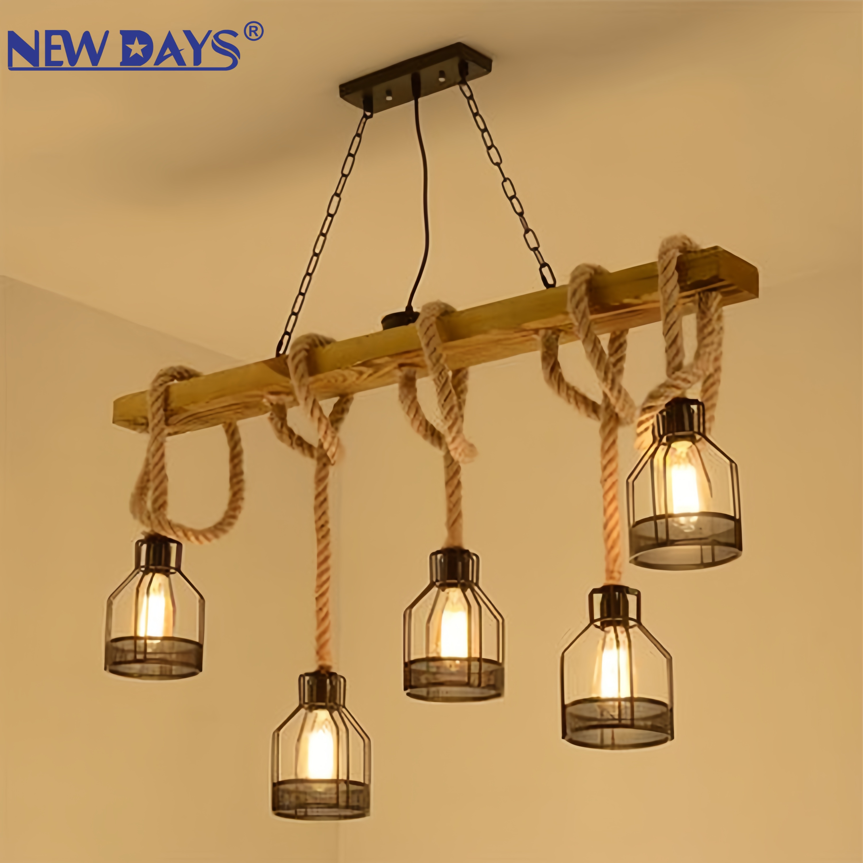 NEWDAYS brand cross-border new products: led retro industrial style rope pendant lamp, ironwork hood bar table lamp, creative five-head decorative lighting atmosphere lamp, small pendant lamp, lighting art lamp, Nordic style details Picture