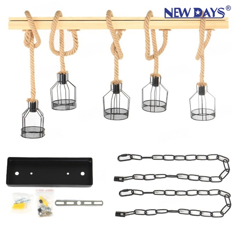 NEWDAYS brand cross-border new products: led retro industrial style rope pendant lamp, ironwork hood bar table lamp, creative five-head decorative lighting atmosphere lamp, small pendant lamp, lighting art lamp, Nordic style Item Picture