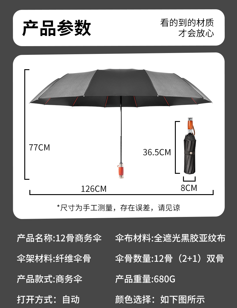 三折全自动巨无霸抗风暴12骨自动商务伞高端木柄男士商务伞详情18