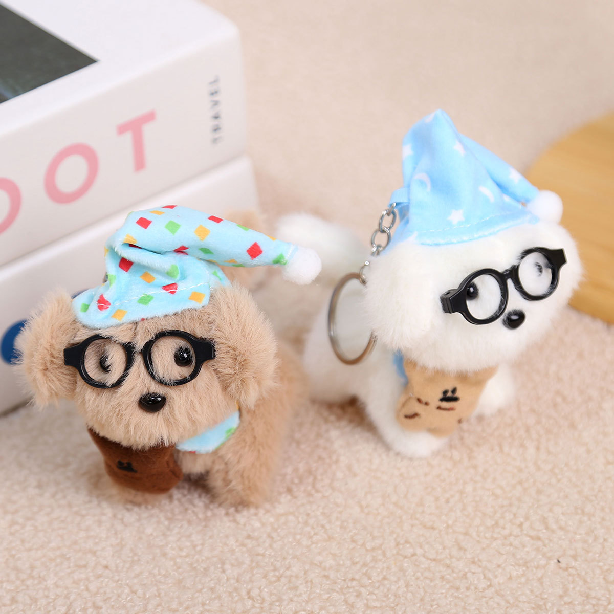 Cute cartoon goodnight glasses, creative puppy, 4-inch plush pendant, claw machine, doll, key pendant, car schoolbag, hanging accessory, gift, cartoon transformation keychain, dress-up doll, hanging accessory, plush toy, cute wholesale Application Scenario