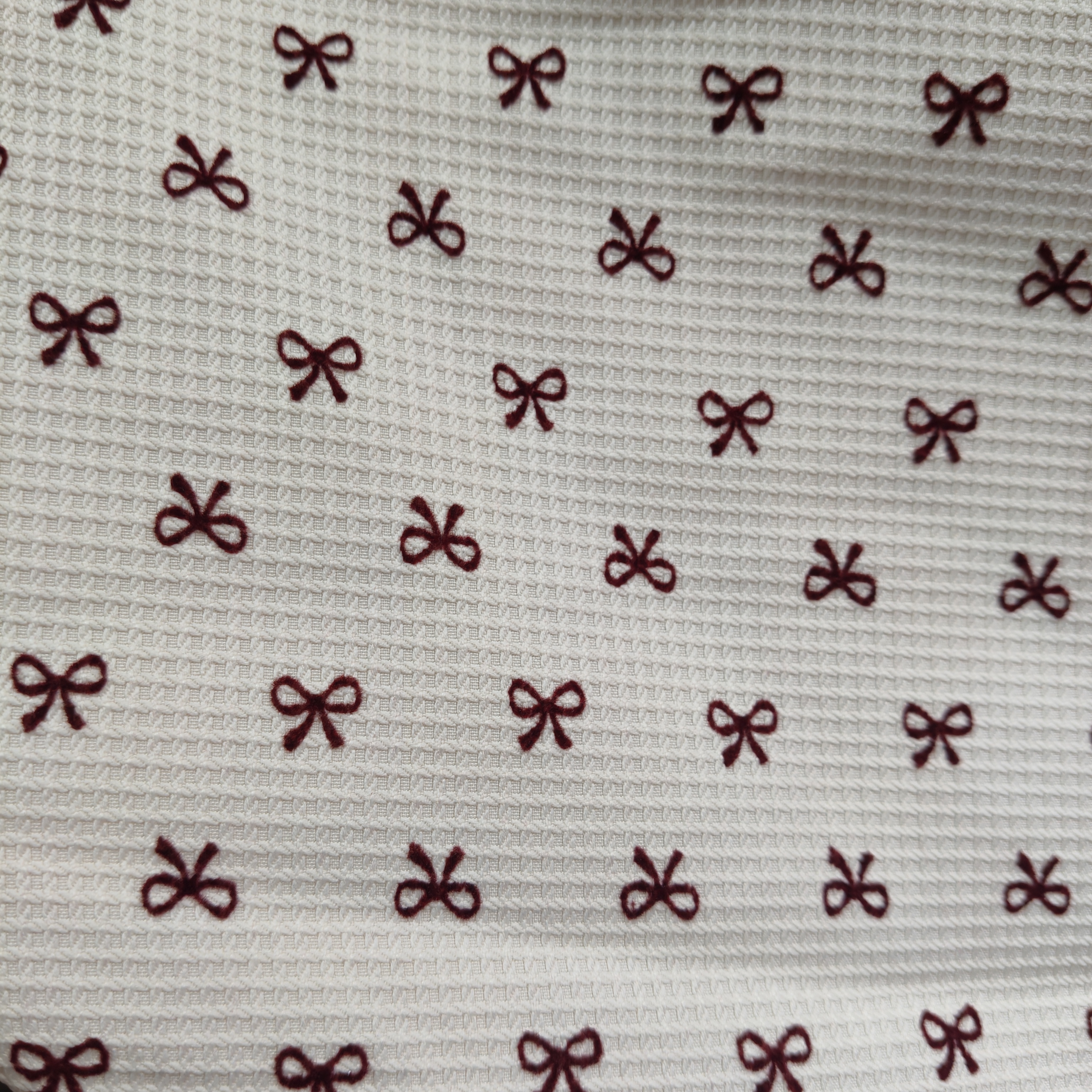 Knitted printed fabric, retro wine-red small heart-shaped bow, flocking, breathable and elastic fabric for bags, cosmetic bags and clothing detail image 5