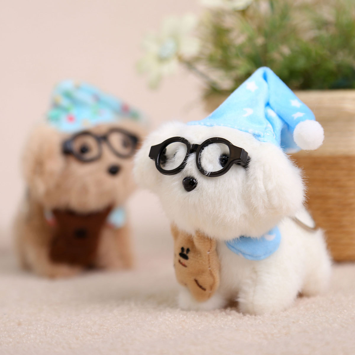 Cute cartoon goodnight glasses, creative puppy, 4-inch plush pendant, claw machine, doll, key pendant, car schoolbag, hanging accessory, gift, cartoon transformation keychain, dress-up doll, hanging accessory, plush toy, cute wholesale Specification image