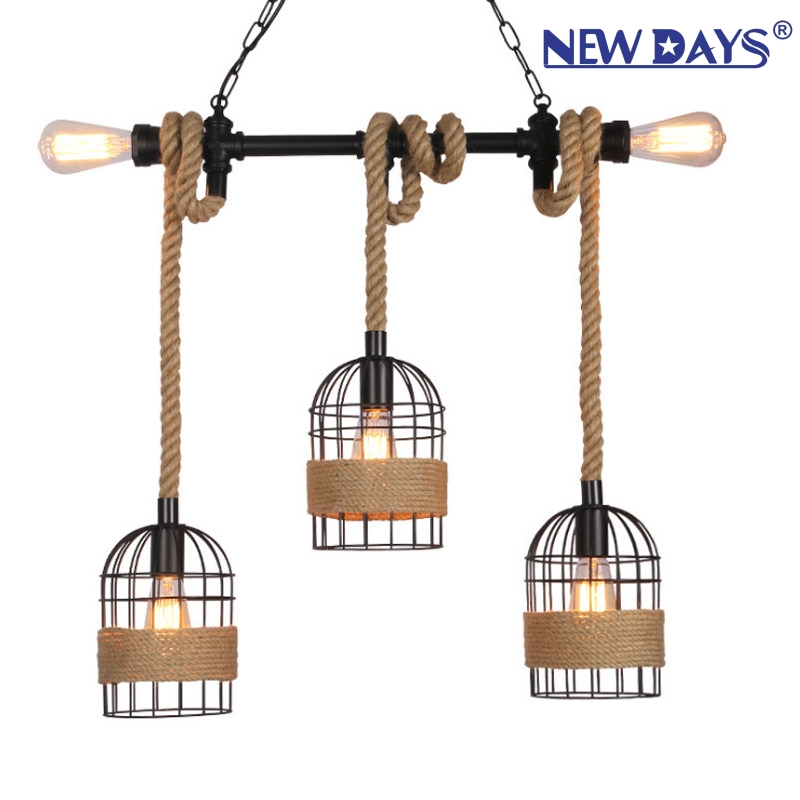 NEWDAYS brand cross-border new products: led retro rope pendant lamp, ironwork hood bar table lamp, 3-head water pipe birdcage decorative lighting, ambient lighting, small pendant lamp, lighting art lamp, Nordic style