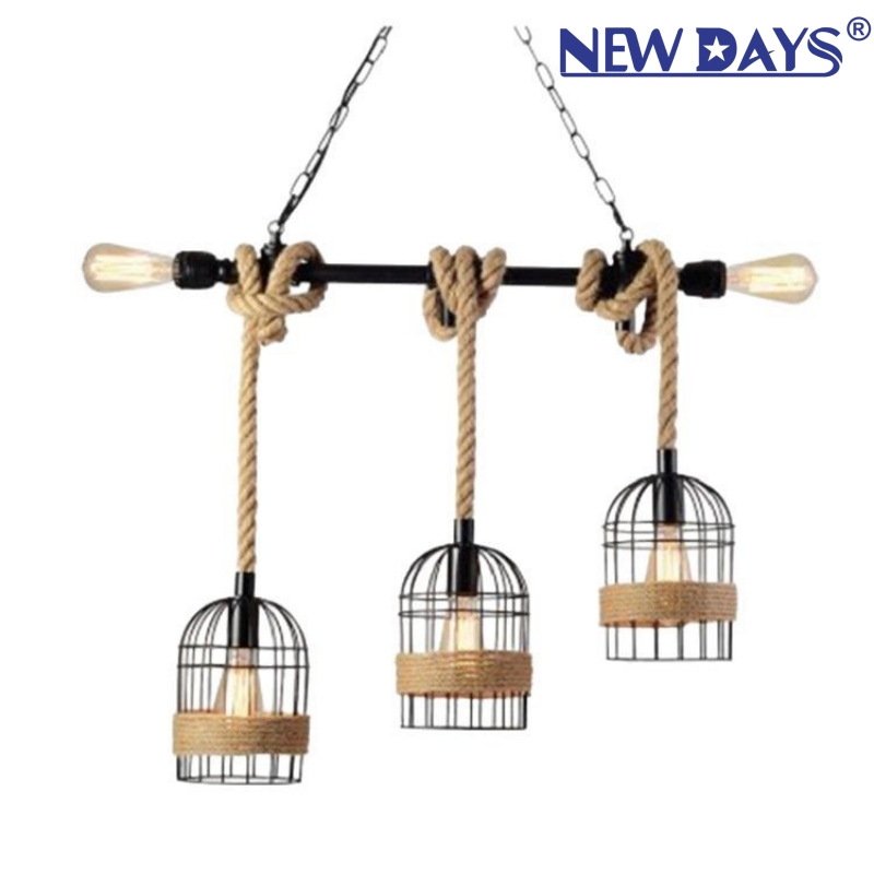 NEWDAYS brand cross-border new products: led retro rope pendant lamp, ironwork hood bar table lamp, 3-head water pipe birdcage decorative lighting, ambient lighting, small pendant lamp, lighting art lamp, Nordic style Item Picture