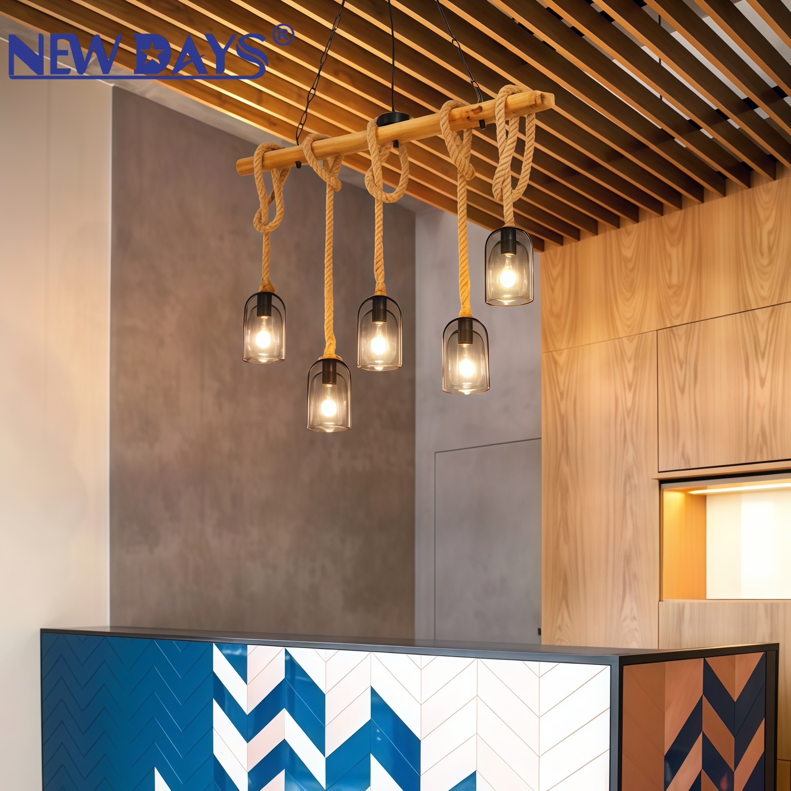 NEWDAYS brand cross-border new products: led retro rope pendant lamp, ironwork cover bar table lamp, wooden mesh cover 5-head decorative lighting atmosphere lamp, small pendant lamp, lighting art lamp, Nordic style Application Scenario