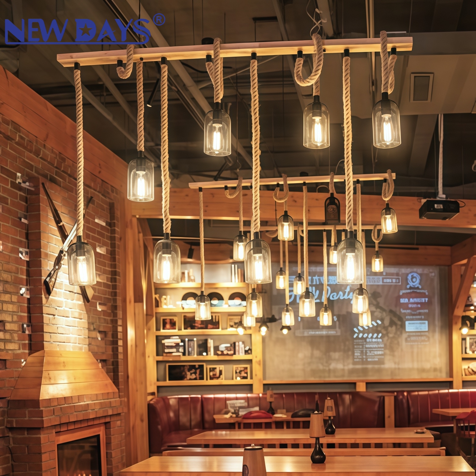 NEWDAYS brand cross-border new products: led retro rope pendant lamp, ironwork cover bar table lamp, wooden mesh cover 5-head decorative lighting atmosphere lamp, small pendant lamp, lighting art lamp, Nordic style Specification image