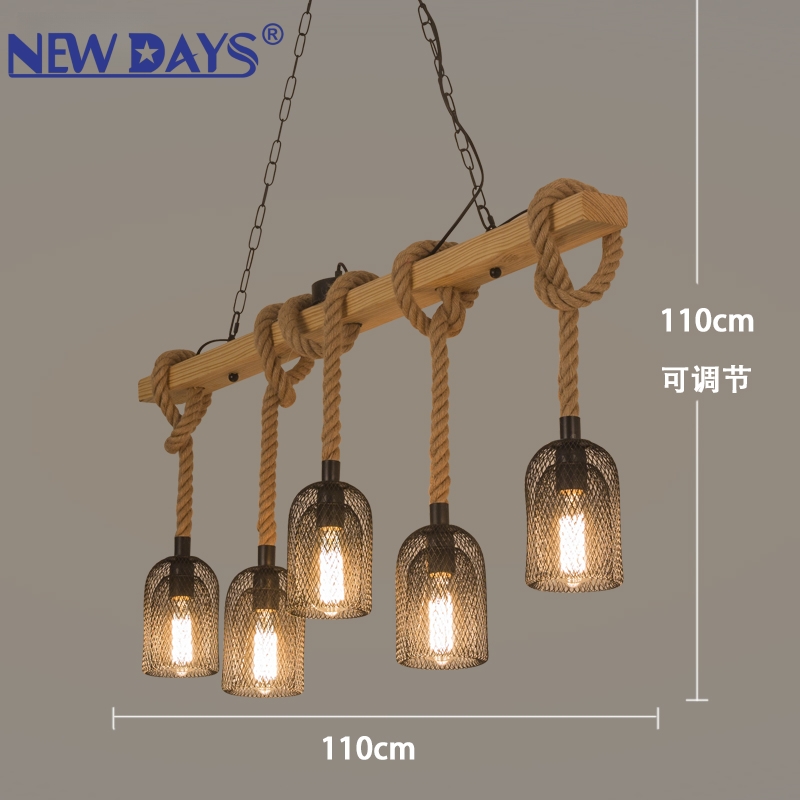 NEWDAYS brand cross-border new products: led retro rope pendant lamp, ironwork cover bar table lamp, wooden mesh cover 5-head decorative lighting atmosphere lamp, small pendant lamp, lighting art lamp, Nordic style details Picture