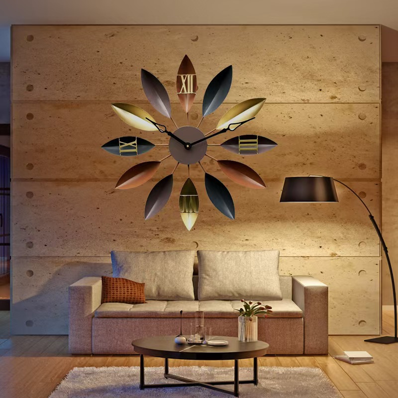 Colorful leaf decorative clock, creative home living room bedroom wall clock, silent and nail-free d