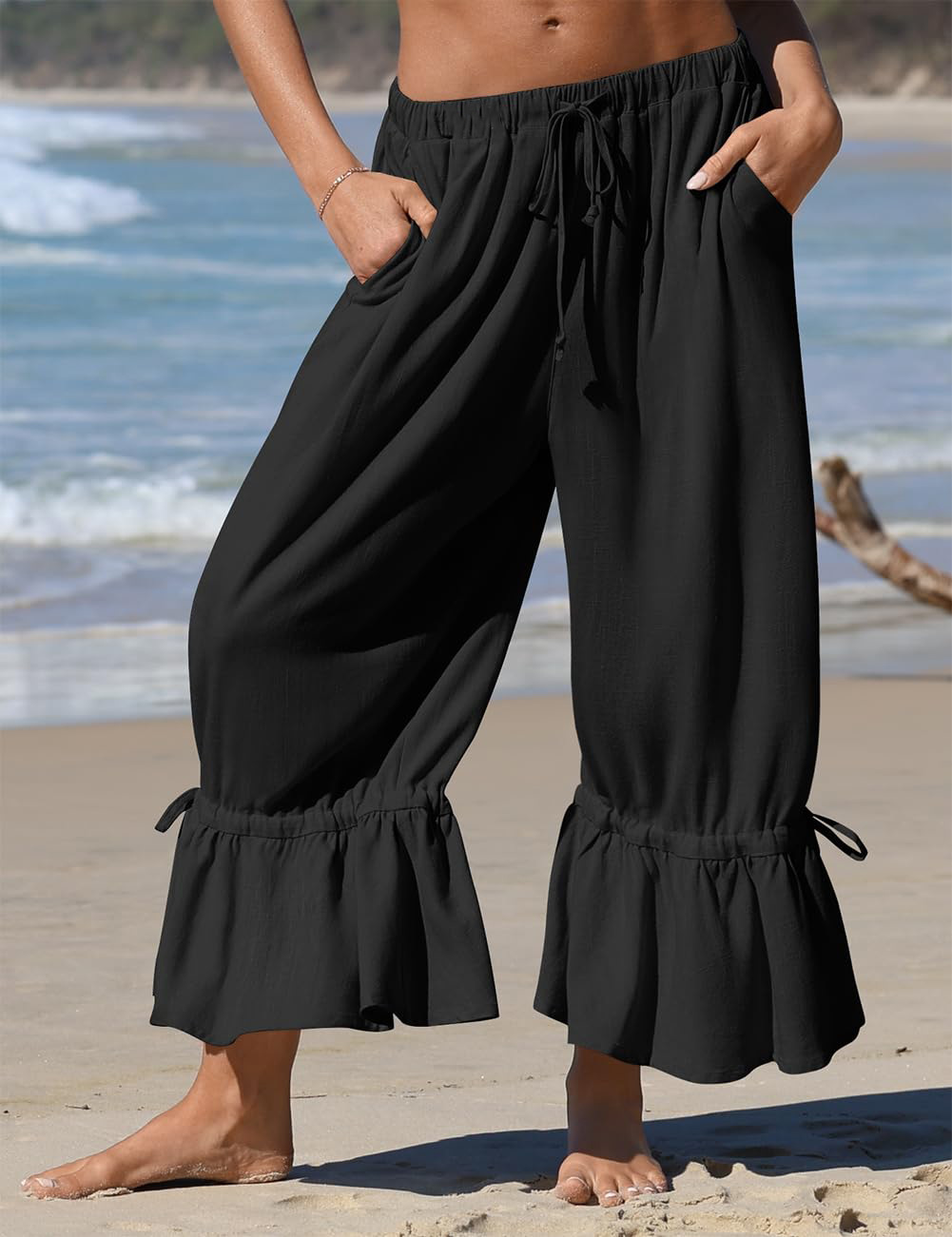 Amazon European and American women's linen wide-leg pants, casual 9-inch pleated strap, drawstring, loose pants with pockets Application Scenario