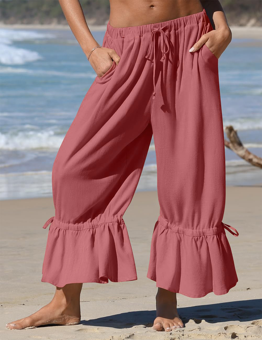 Amazon European and American women's linen wide-leg pants, casual 9-inch pleated strap, drawstring, loose pants with pockets Item Picture