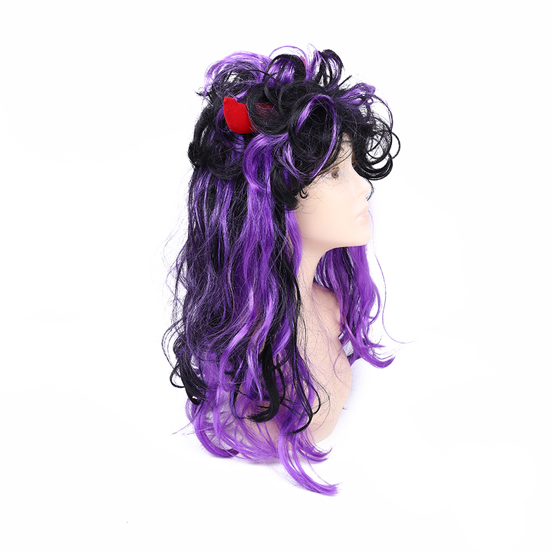 Yiwu qifang peluca sombrero púrpura negro cuerno de toro halloween peluca largo curl cos peluca Specification image