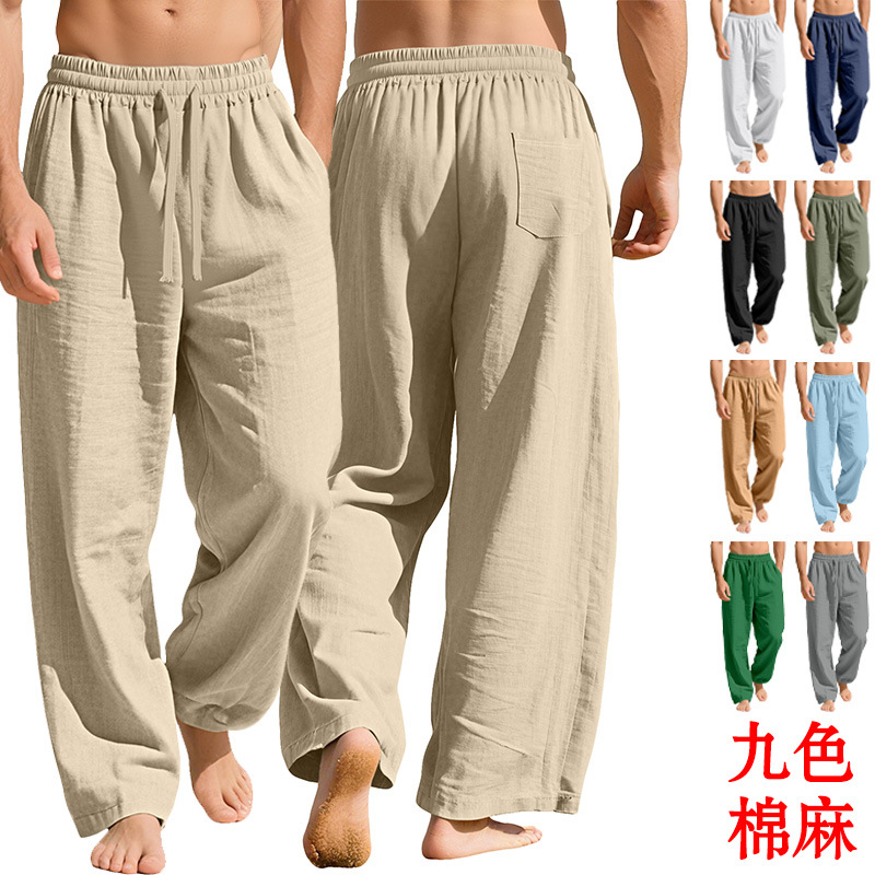 European and American cross-border men's clothing, Amazon linen loose casual sportswear long pants, pocket drawstring solid color trendy business pants