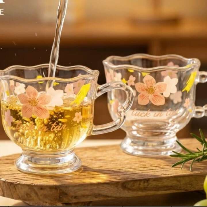 创意樱花玻璃杯彩绘早餐杯子家用泡茶水杯透明咖啡杯女燕麦牛奶杯