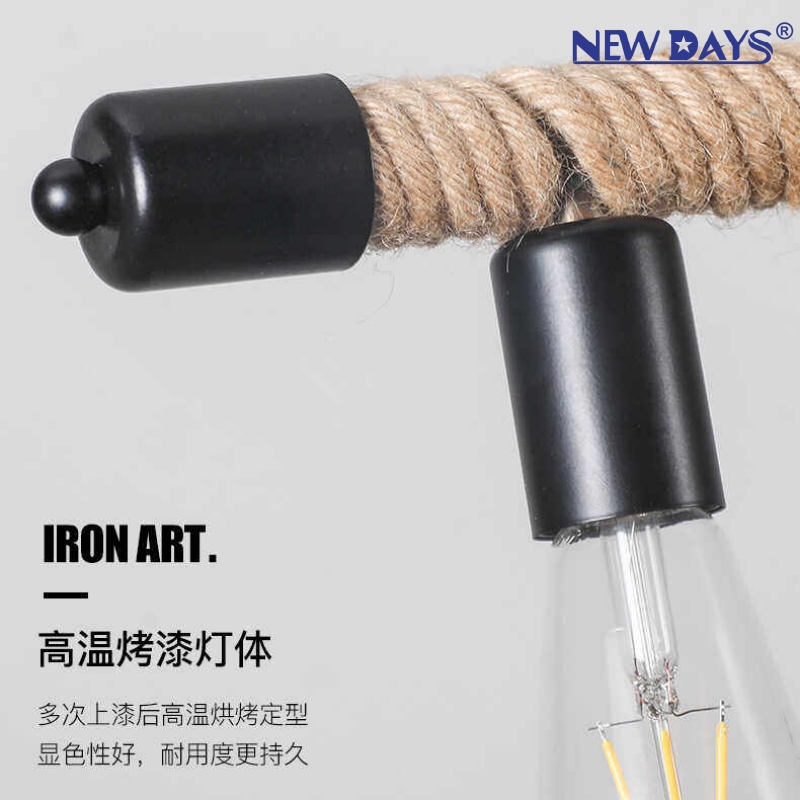 NEWDAYS brand cross-border new products: led retro industrial style rope pendant lamp, ironwork hood bar table lamp, straight tube 4-head decorative lighting, ambient lighting, small pendant lamp, lighting art lamp, Nordic style details Picture