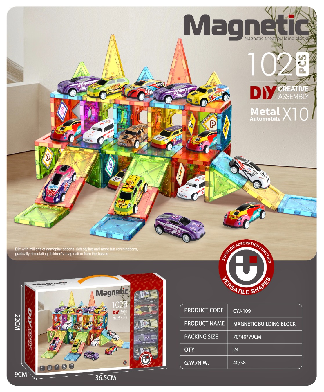 TL81507 CYJ-109 102 Color Window magnetic Sheet Track Set includes 10 metal carts, children's DIY assembly racing track magnetic building blocks, and educational toys Item Picture