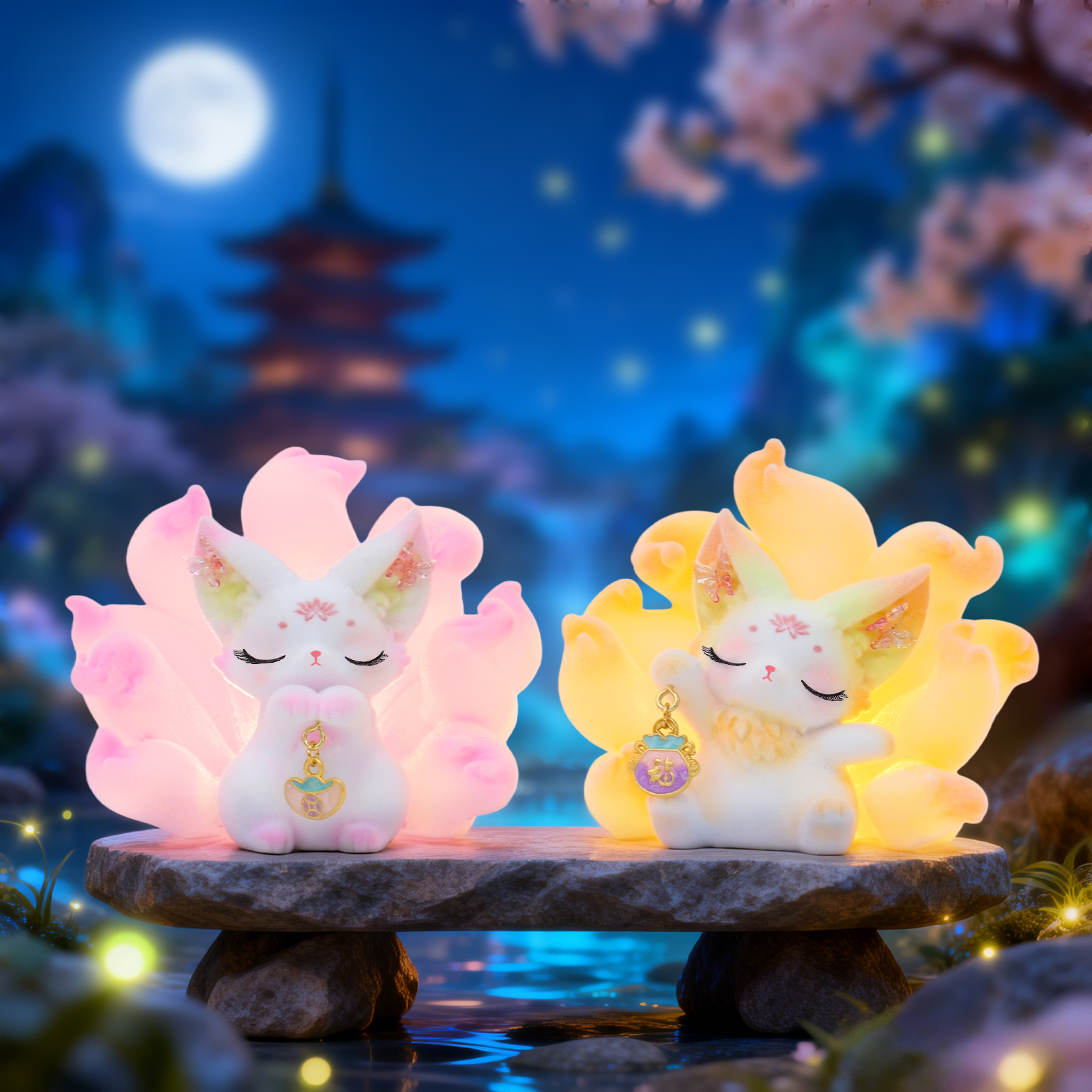 Desktop figure-piece "Yao Guang Ying Xue Nine-Tailed Fox" - Velvet style illuminated Blind box, Chinese-style creative luminous figure-piece birthday gift Specification image