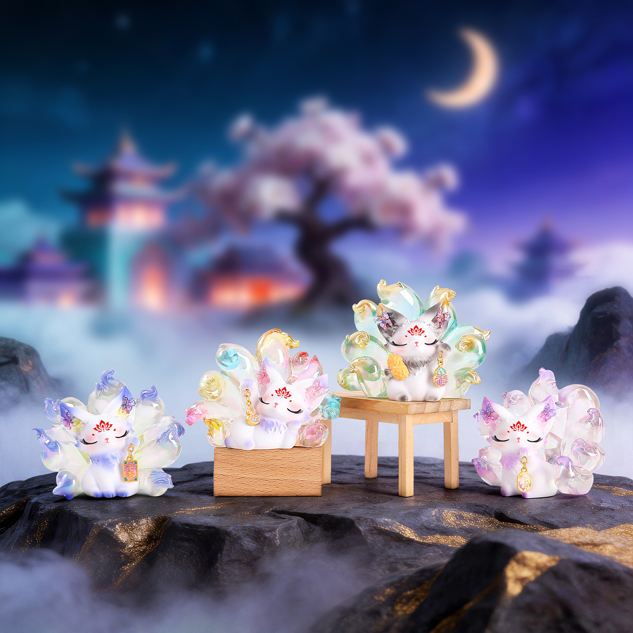 Chinese-style desktop ornaments, floating light mountain and sea, nine-tailed fox blind box, ancient-style illuminated creative home decoration, trendy figure-making gifts details Picture