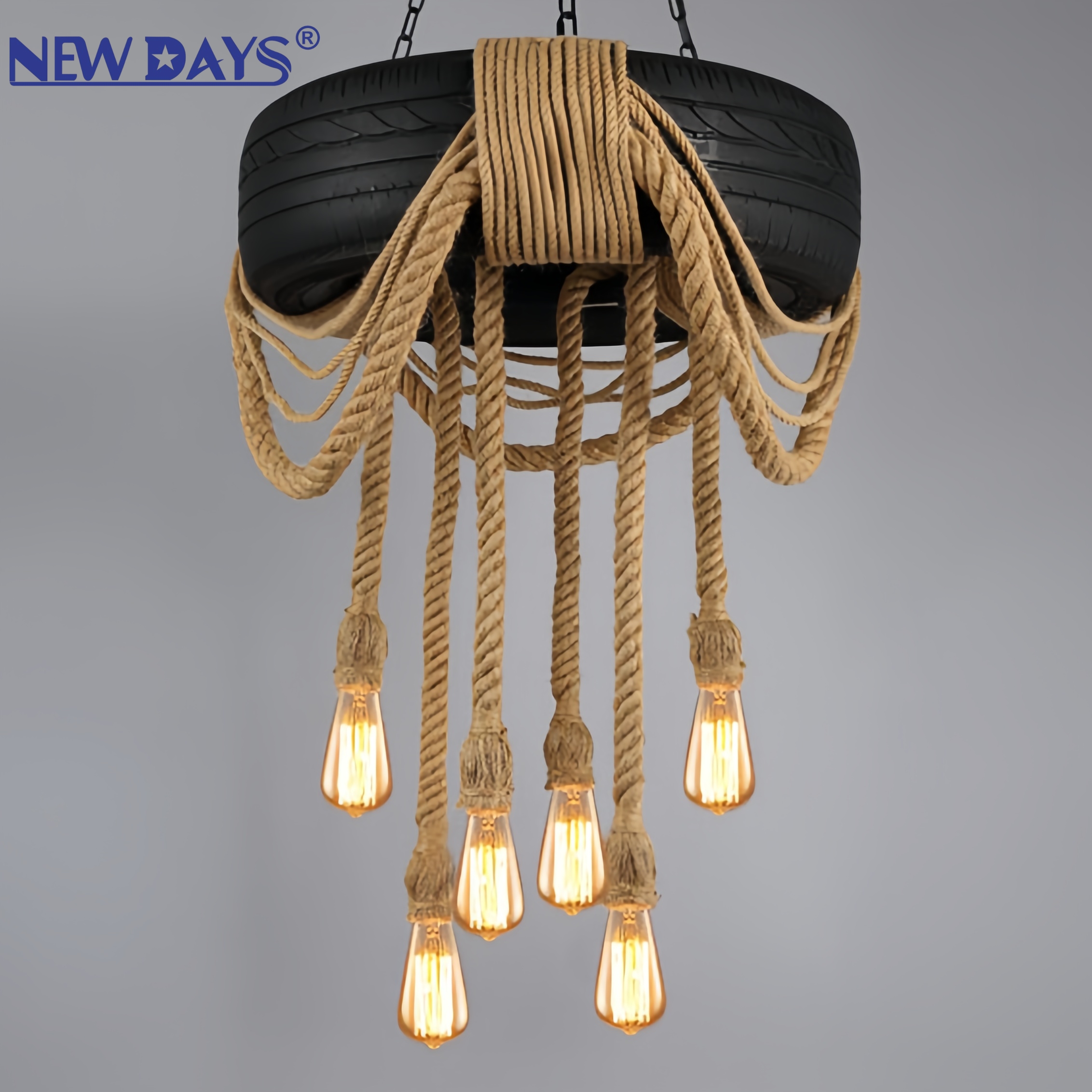 NEWDAYS品牌跨境新品led复古工业风麻绳吊灯，铁艺罩吧台灯，轮胎6头装饰照明氛围灯小吊灯灯具灯饰艺术灯北欧 details Picture