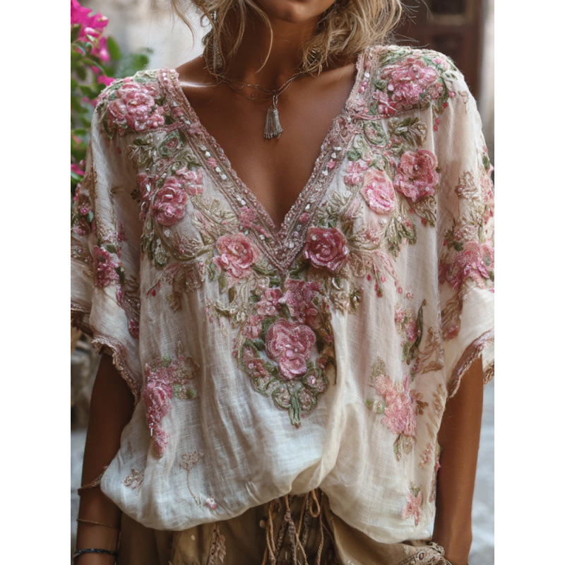 A new cross-border Amazon V-neck short-sleeved T-shirt with European and American style printed flowers, a loose summer vacation top for women Item Picture
