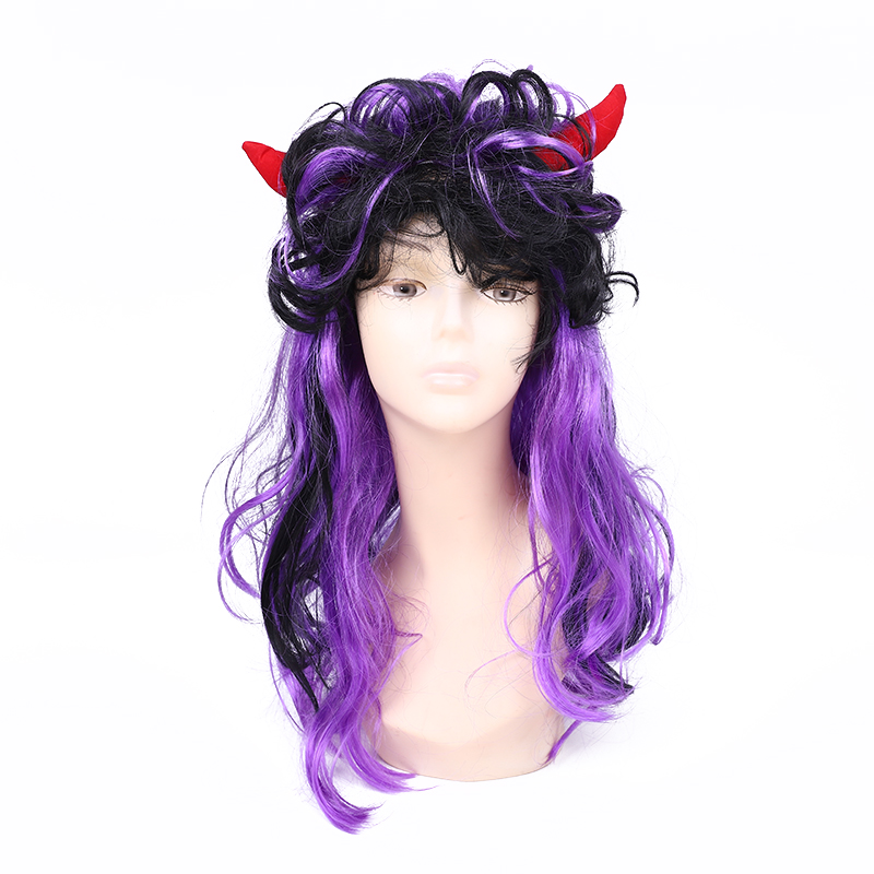 Yiwu qifang peluca sombrero púrpura negro cuerno de toro halloween peluca largo curl cos peluca details Picture