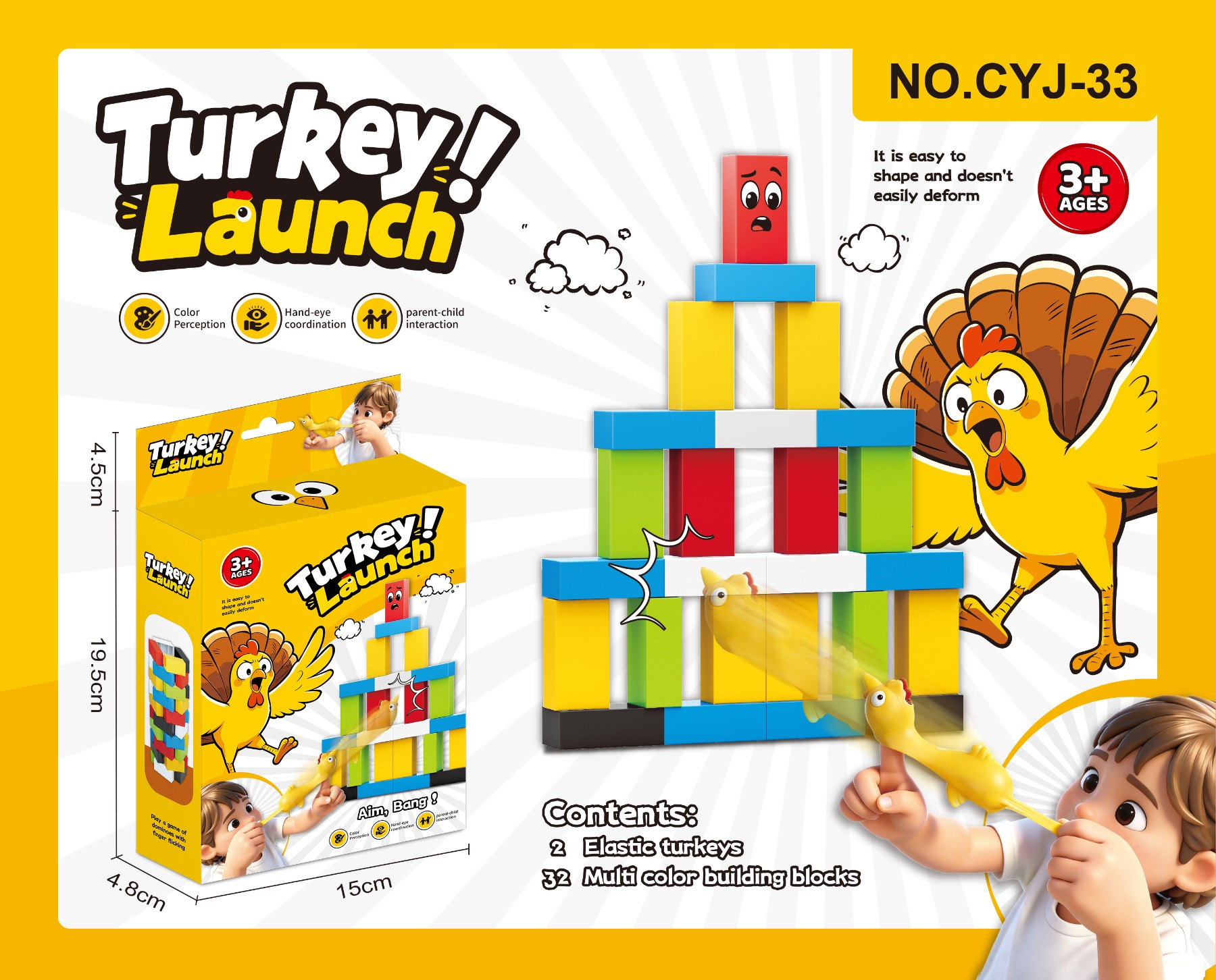 TL81505 Elastic Turkey Ejection Building Block Battle Set, Baby Color Recognition hand-Eye Training Building and Toppling Parent-Child Competition Desktop Intelligence Gift Box Toy