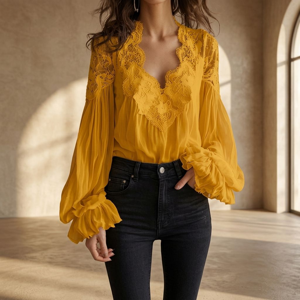 In 2026, the new cross-border European and American women's lace patchwork puffed sleeve pleated shirt is a bestseller and a hot commodity for wholesale