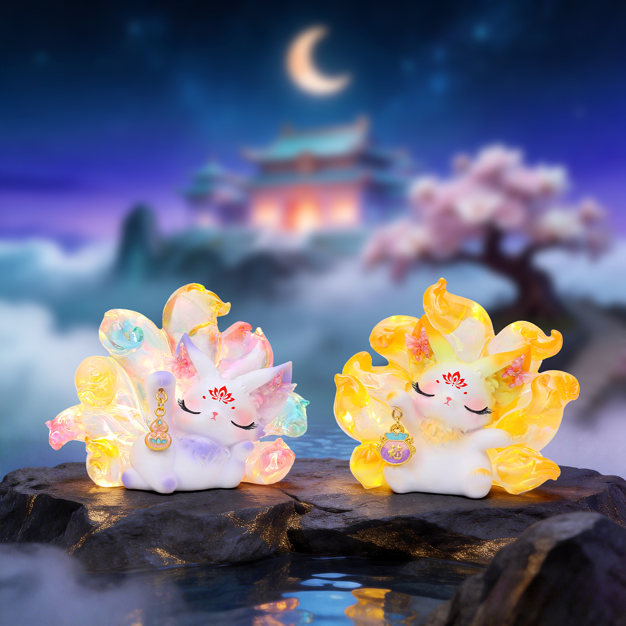 Chinese-style desktop ornaments, floating light mountain and sea, nine-tailed fox blind box, ancient-style illuminated creative home decoration, trendy figure-making gifts Specification image