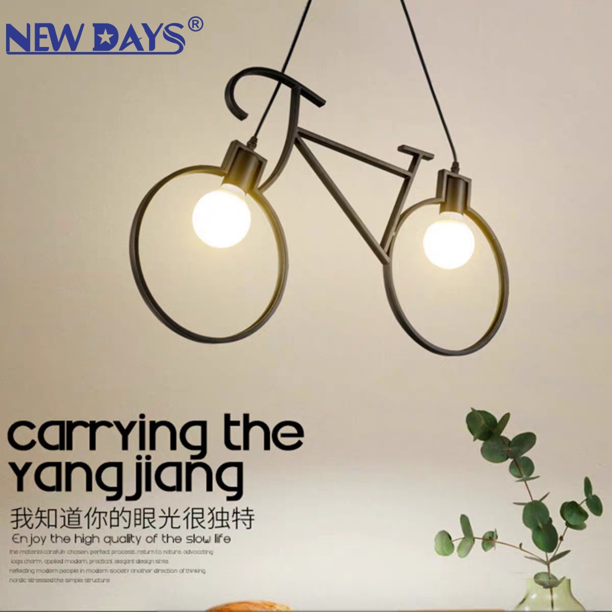 NEWDAYS品牌跨境新品led复古工业风麻绳吊灯，铁艺罩吧台灯，单车2头装饰照明氛围灯小吊灯灯具灯饰艺术灯北欧 Application Scenario