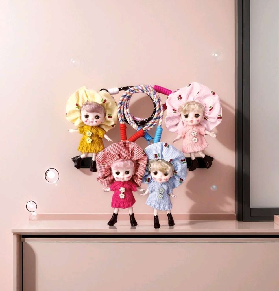 Pink background, colorful hair band, doll pendant, accessory set, doll keychain detail image 1