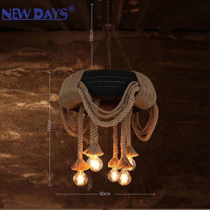 NEWDAYS品牌跨境新品led复古工业风麻绳吊灯，铁艺罩吧台灯，轮胎6头装饰照明氛围灯小吊灯灯具灯饰艺术灯北欧 Application Scenario