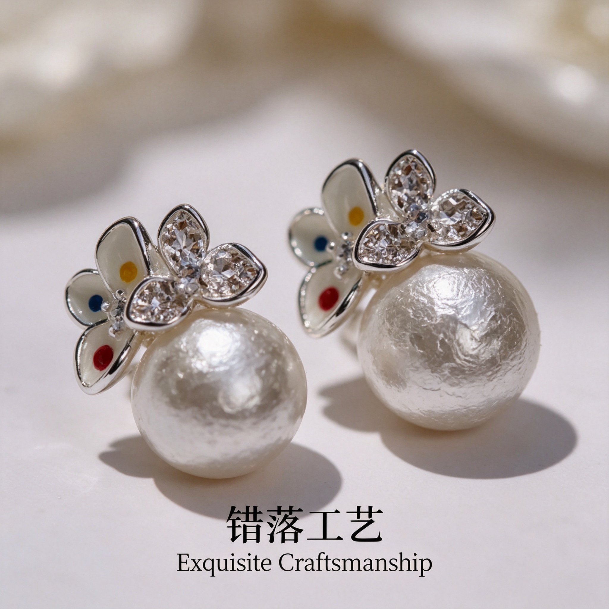 春莳原创  银色花朵珍珠耳环女性侧脸耳饰925银耳钉银针