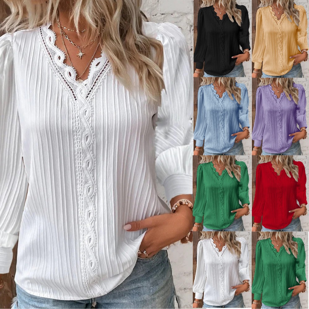 Spring/Autumn 2026 long-sleeved V-neck lace patchwork women's shirt loose style