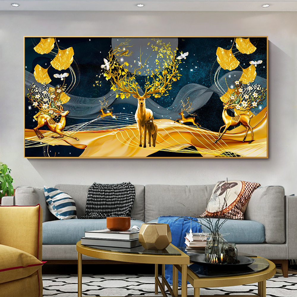 رسومات ثلاثية الأبعاد للوحات الجدارية الصينية للحيوانات الذهبية وأشجار الذهب الإسلامية details Picture
