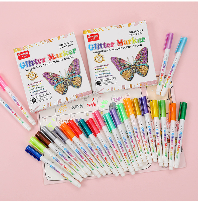 GN6620 Creative 24-color Glitter Pen Set: Metallic Pastel pens, Pearlescent Markers, Colored Highlighters, Student Notebook Pens pic 13