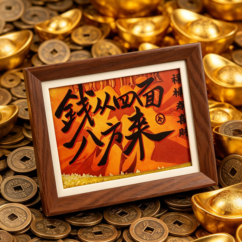 "Money Comes from All Directions" - An 8-inch flowing sand picture frame with an atmospheric desktop decoration, an art and cultural creative gift Specification image