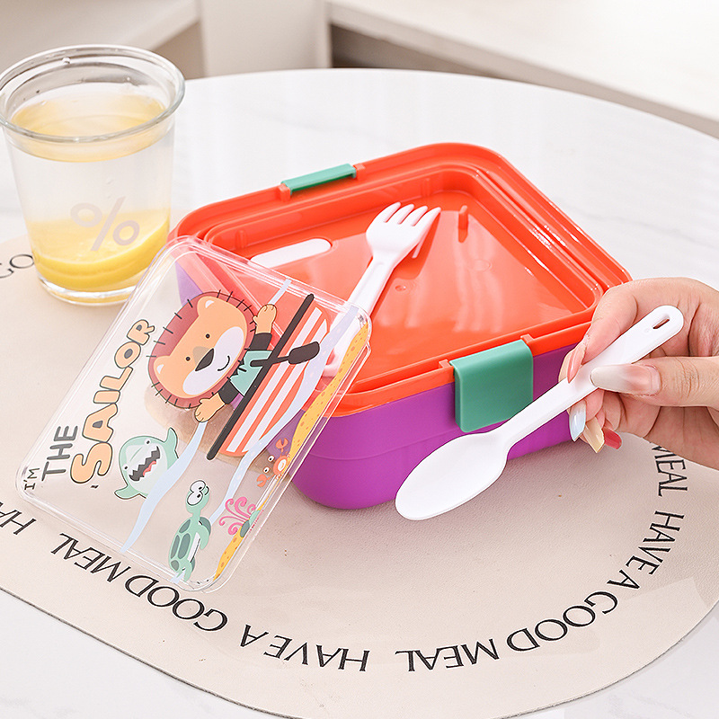 方形航海卡通儿童饭盒 撞色密封分格防漏小学生便携带饭便当盒详情3