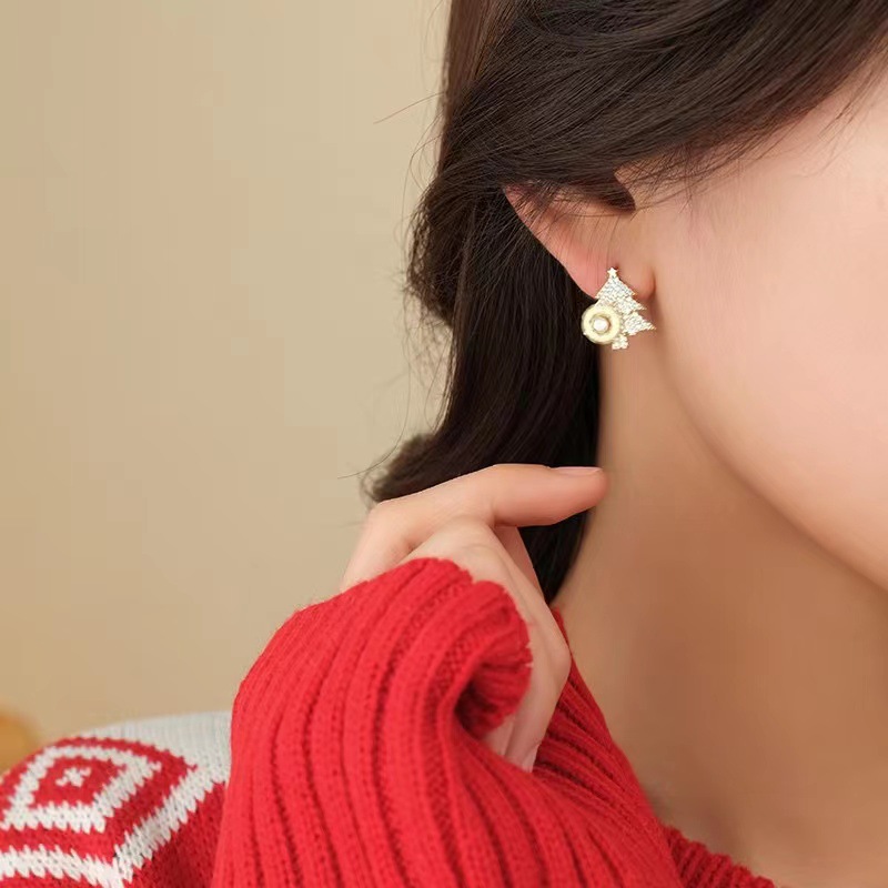 S925银针可旋转雪花锆石圣诞树耳环甜美少女心时尚耳钉圣诞耳饰品