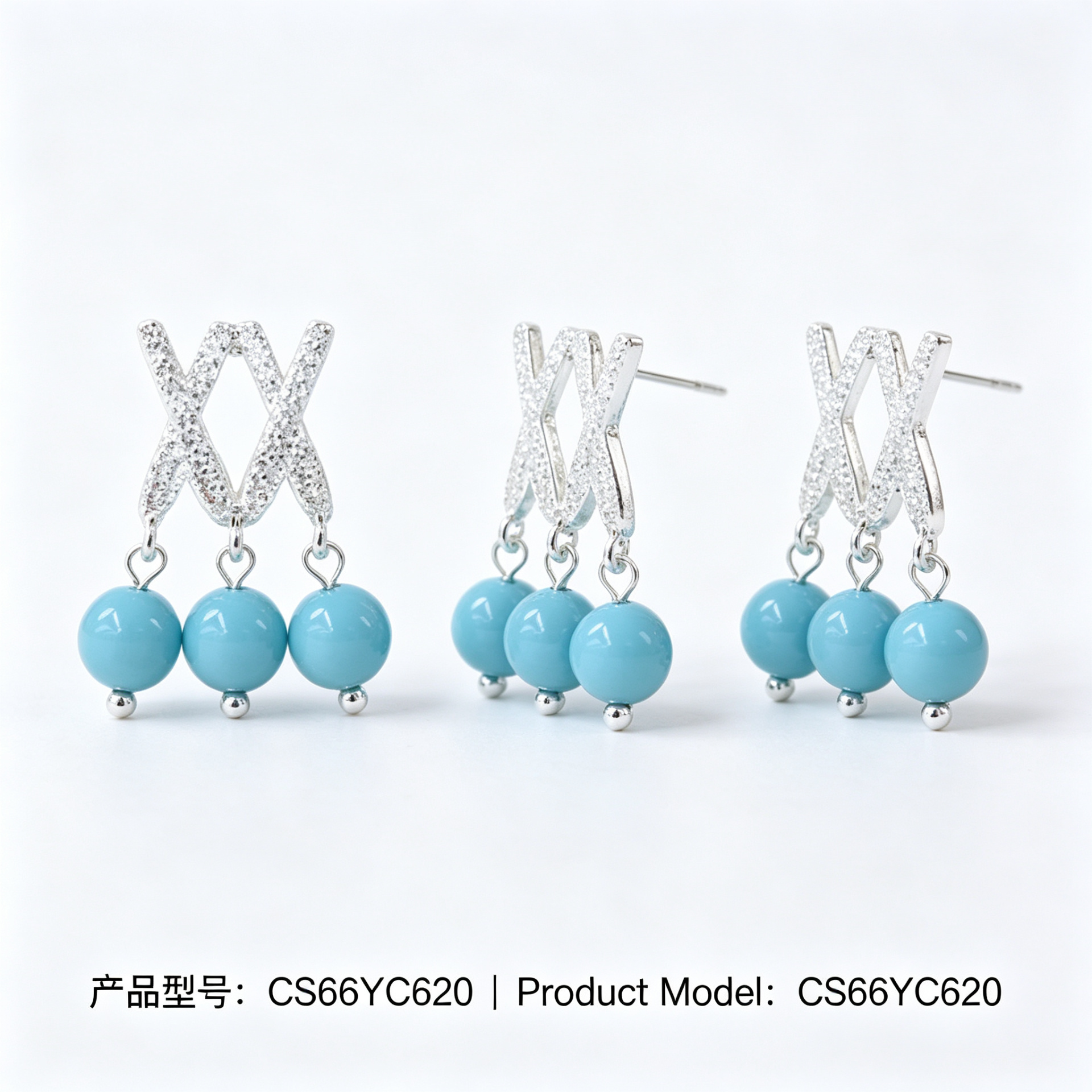 Silver X-shaped diamond-encrusted earrings with sky-blue round bead pendants, earrings, stud earrings and vintage silver needle accessories details Picture