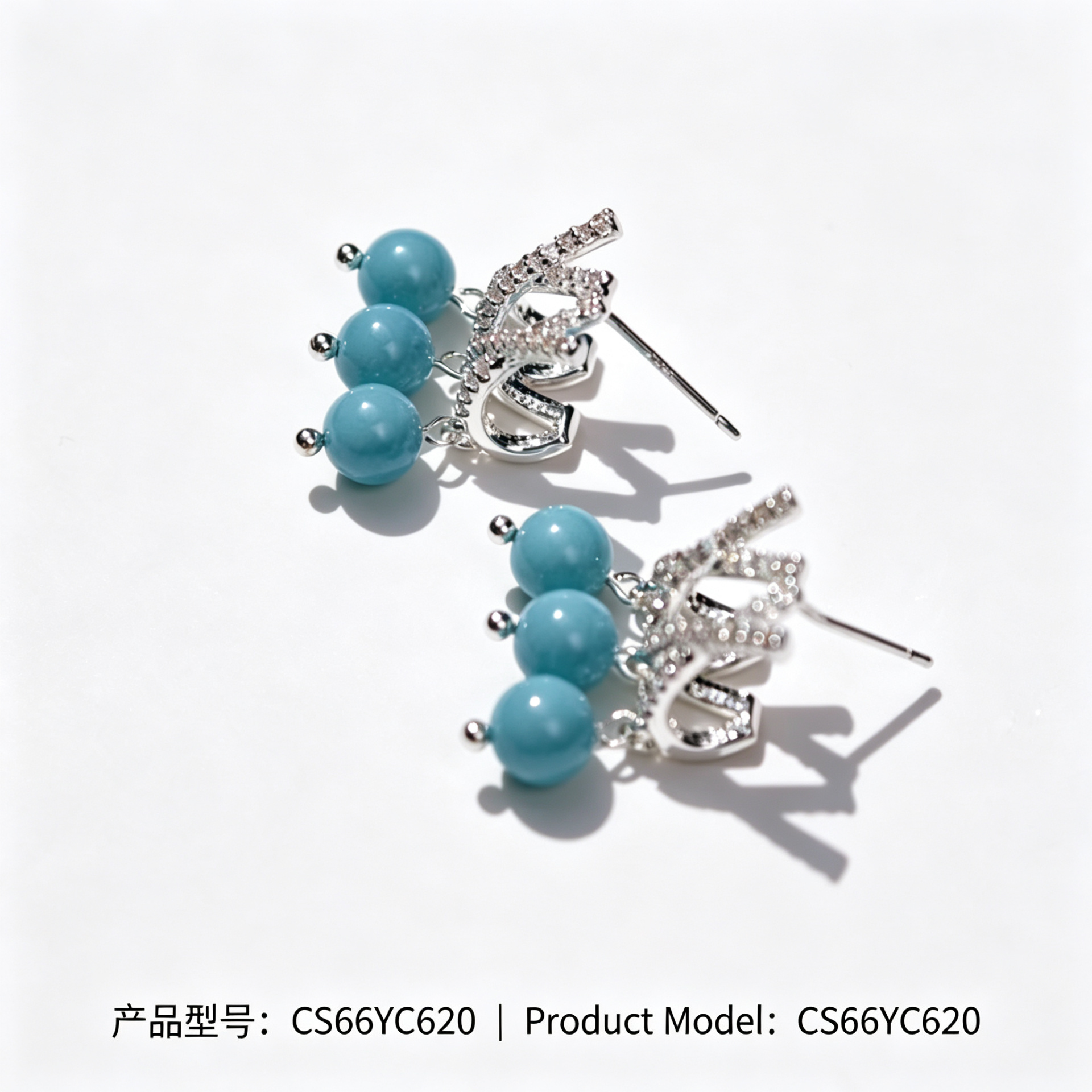 银色X形镶钻耳环配天蓝色圆珠吊坠耳饰耳钉银针中古饰品
