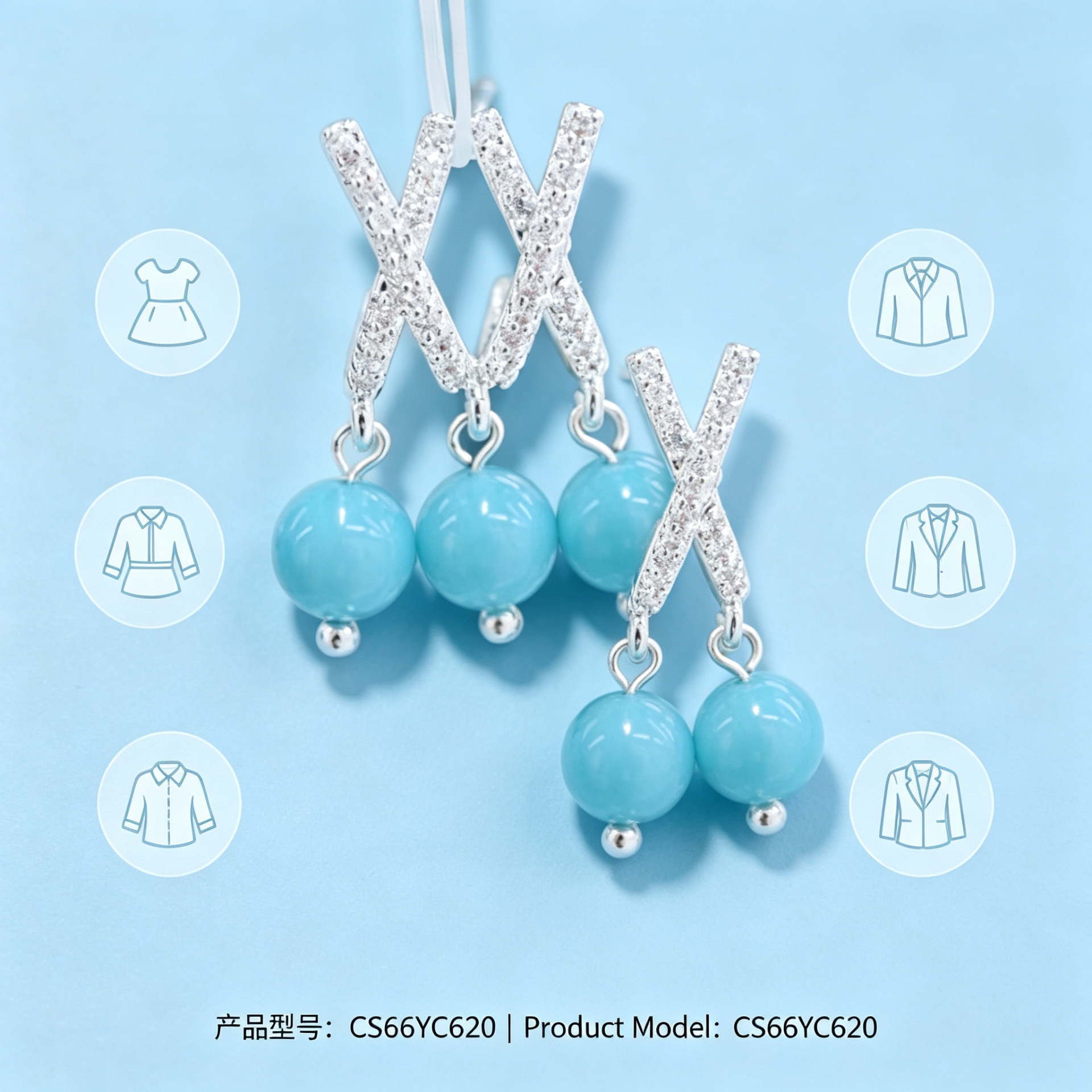 Silver X-shaped diamond-encrusted earrings with sky-blue round bead pendants, earrings, stud earrings and vintage silver needle accessories Item Picture
