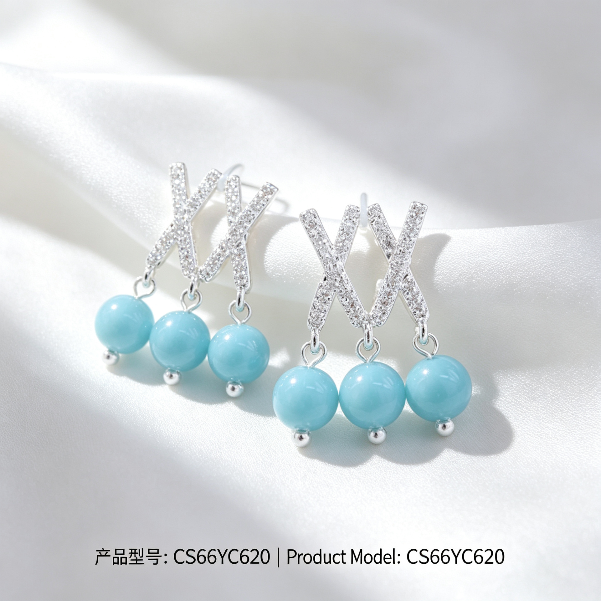 Silver X-shaped diamond-encrusted earrings with sky-blue round bead pendants, earrings, stud earrings and vintage silver needle accessories Application Scenario