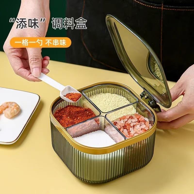Green with gold edge four-style seasoning box, kitchen scissors set, kitchen storage rack, piping spout, ladle, hotel supplies
