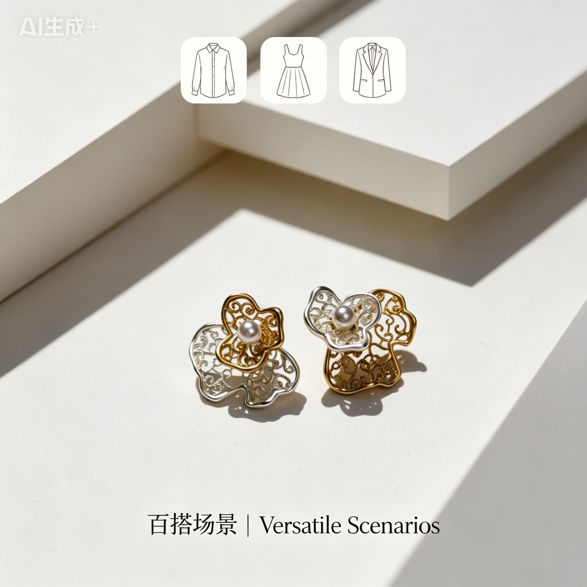 Spring Shi Original golden hollowed-out flower earrings, vintage women's accessories, earrings, stud earrings, silver needles Item Picture