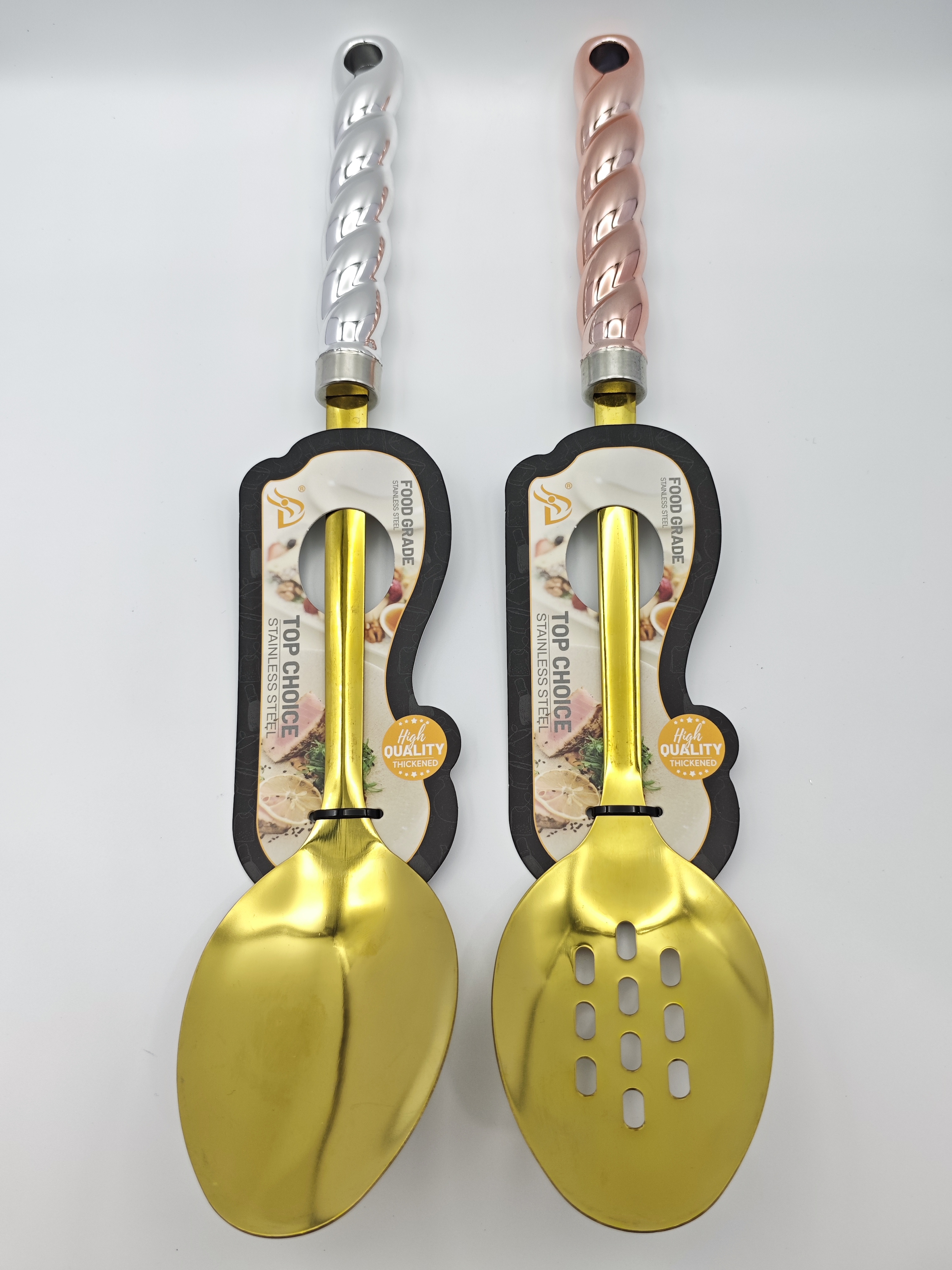 Golden kitchenware set, including spatula, strainer, soup spoon, fork, spiral handle, high-quality stainless steel household and restaurant kitchenware Specification image