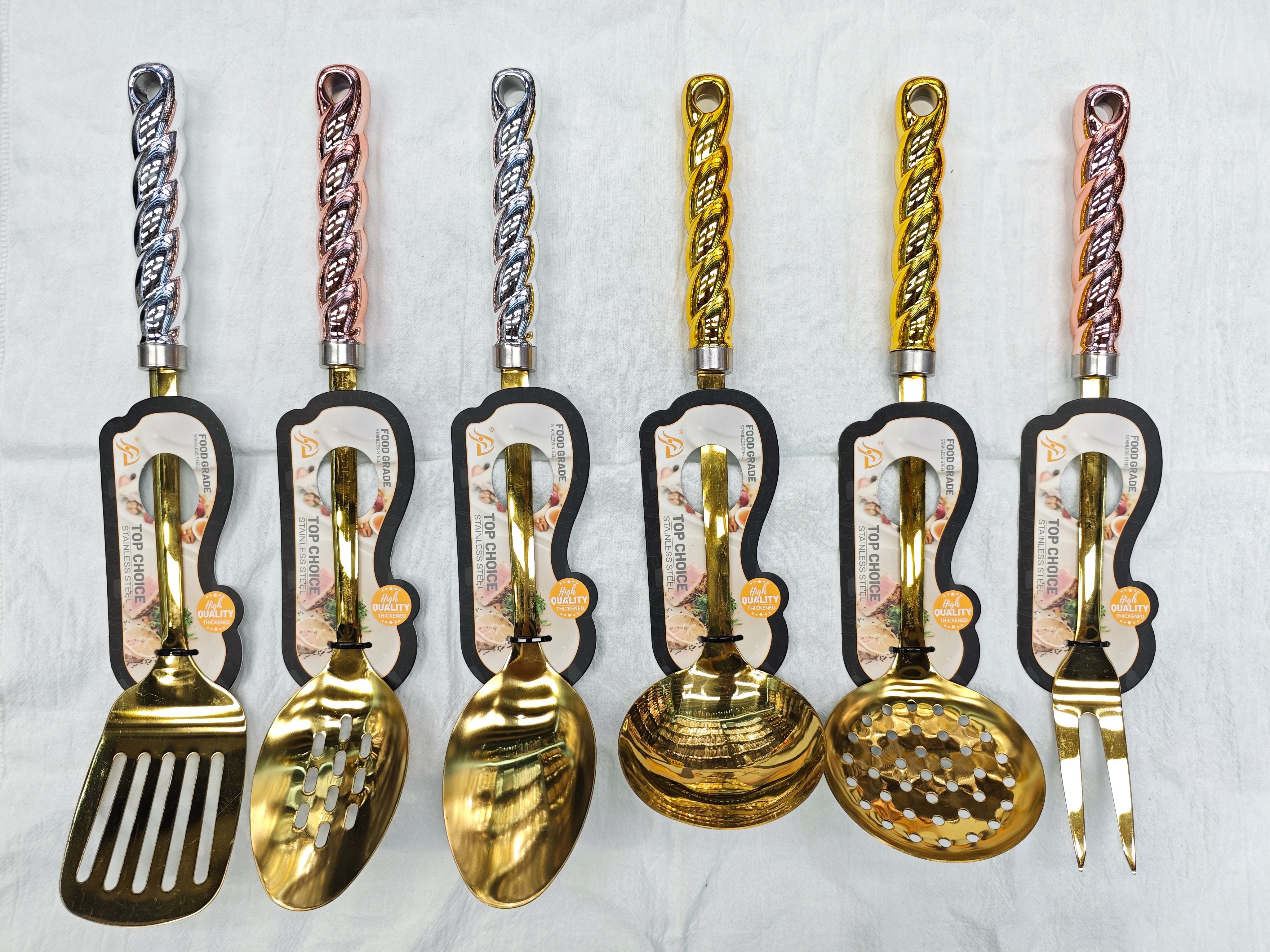 Golden kitchenware set, including spatula, strainer, soup spoon, fork, spiral handle, high-quality stainless steel household and restaurant kitchenware