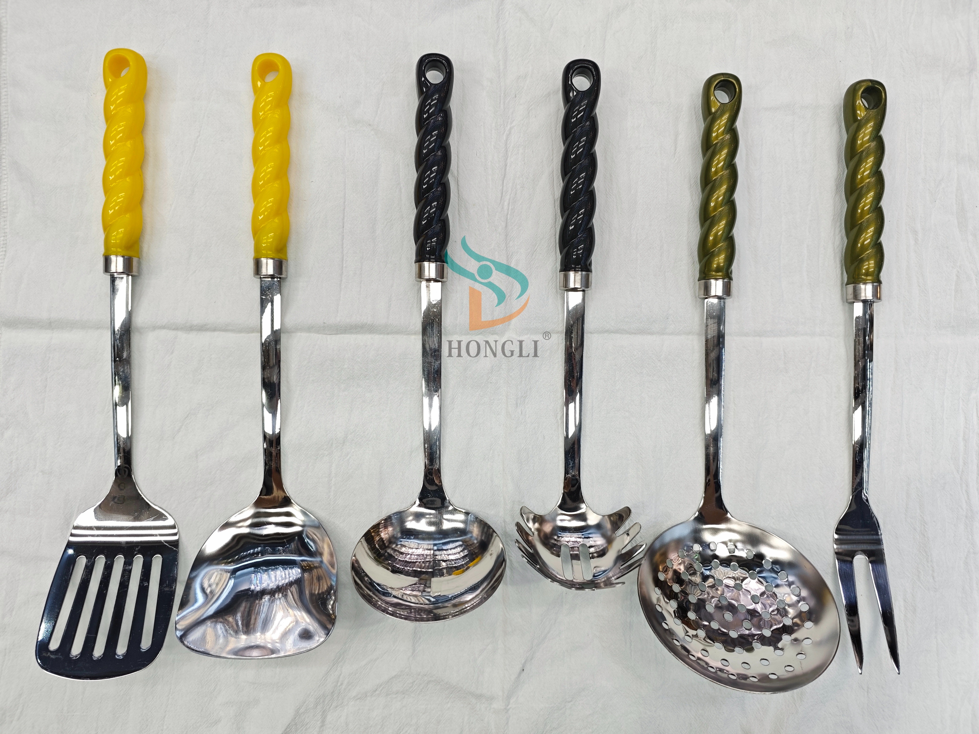 Colorful twisted handle stainless steel soup spoon and stir-fry spatula kitchenware set, household stainless steel fine colander and spatula