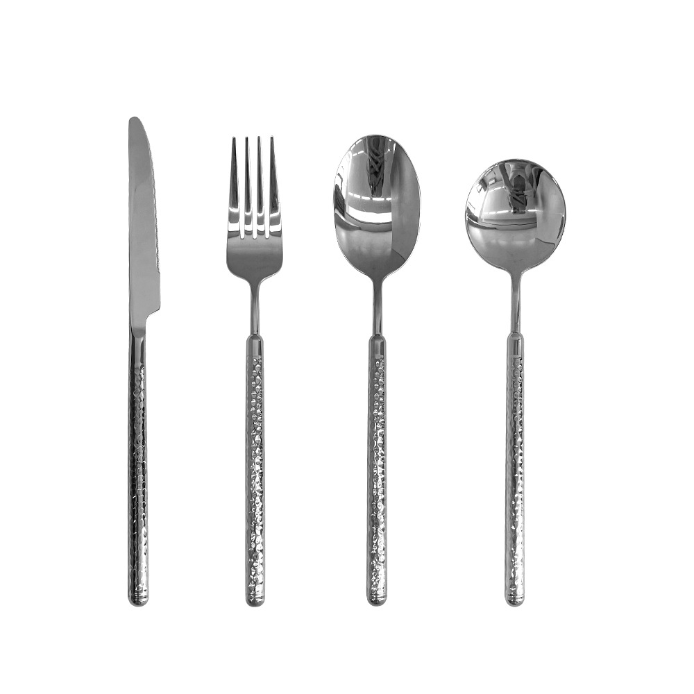 Silver hammer-textured 304 premium stainless steel tableware set, stainless steel forks and spoons, high-end restaurant and hotel universal tableware Item Picture