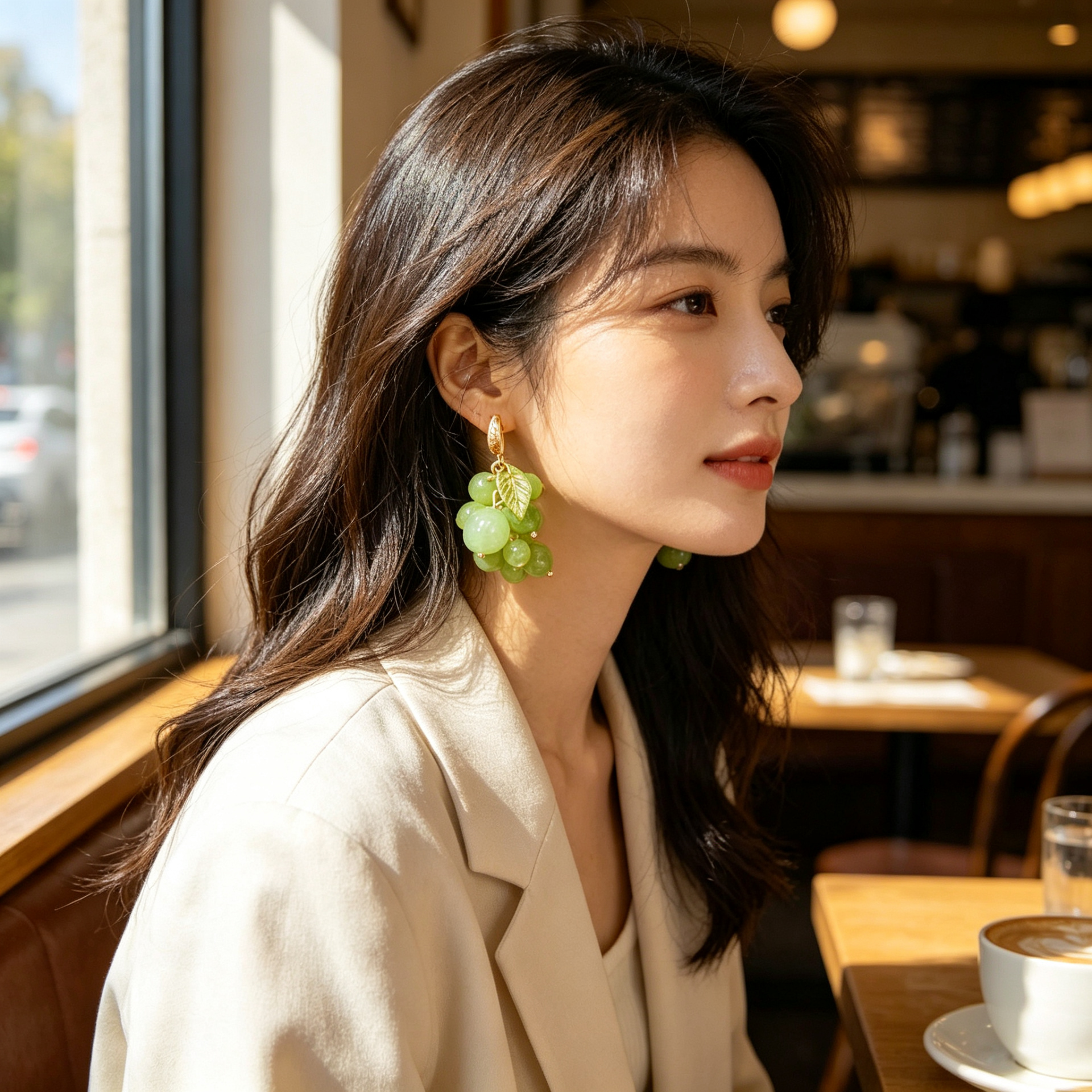Spring Shi Original green grape-shaped female side face earrings, earrings, stud earrings, silver needle vintage accessories Application Scenario