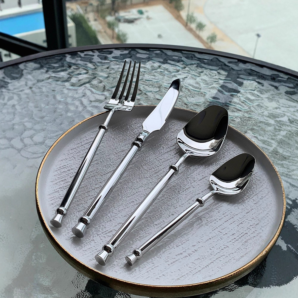 304 silver premium stainless steel knife, fork and spoon cylindrical handle high-end restaurant spoon and fork set